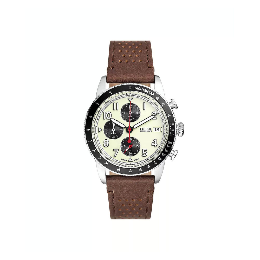 Fossil Sport Tourer Chronograph 42mm Cream Dial Brown Leather Strap Watch