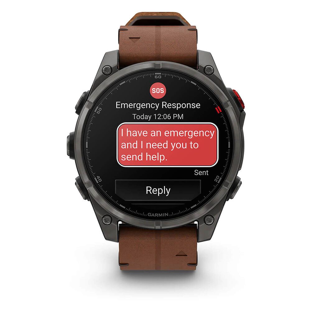 Garmin fenix 8 Pro AMOLED 47mm Carbon Grey DLC Titanium Case Brown Leather Strap Watch image number 2