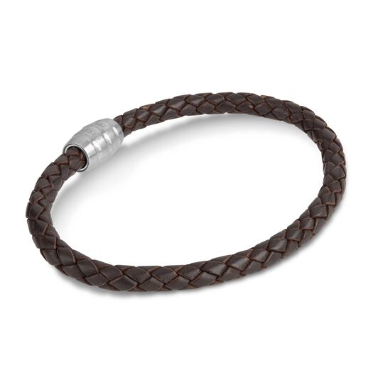 Steel & Brown Plaited Leather Men's Bracelet