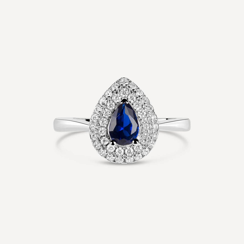 Silver Blue and White Cubic Zirconia Pear-Shaped Ring