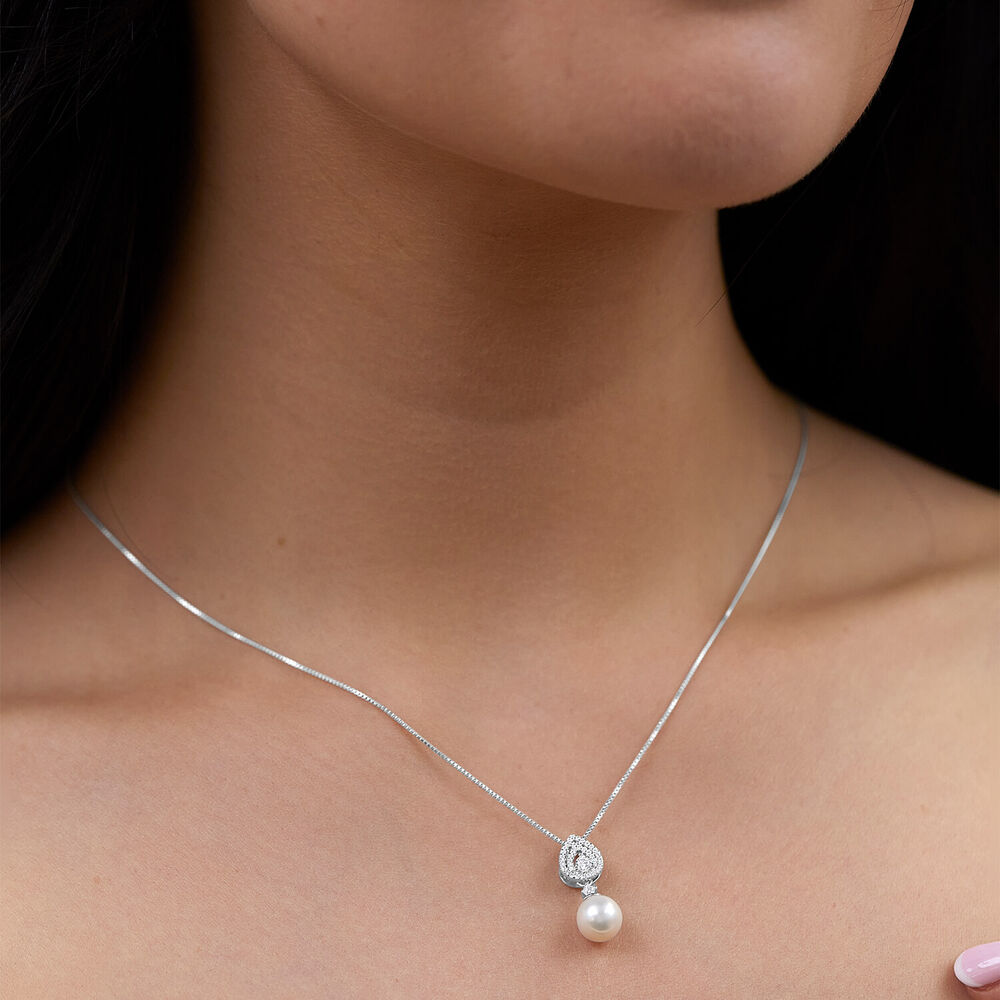 Sterling Silver Cubic Zirconia Double Halo Pear & Pearl Drop Pendant image number 4