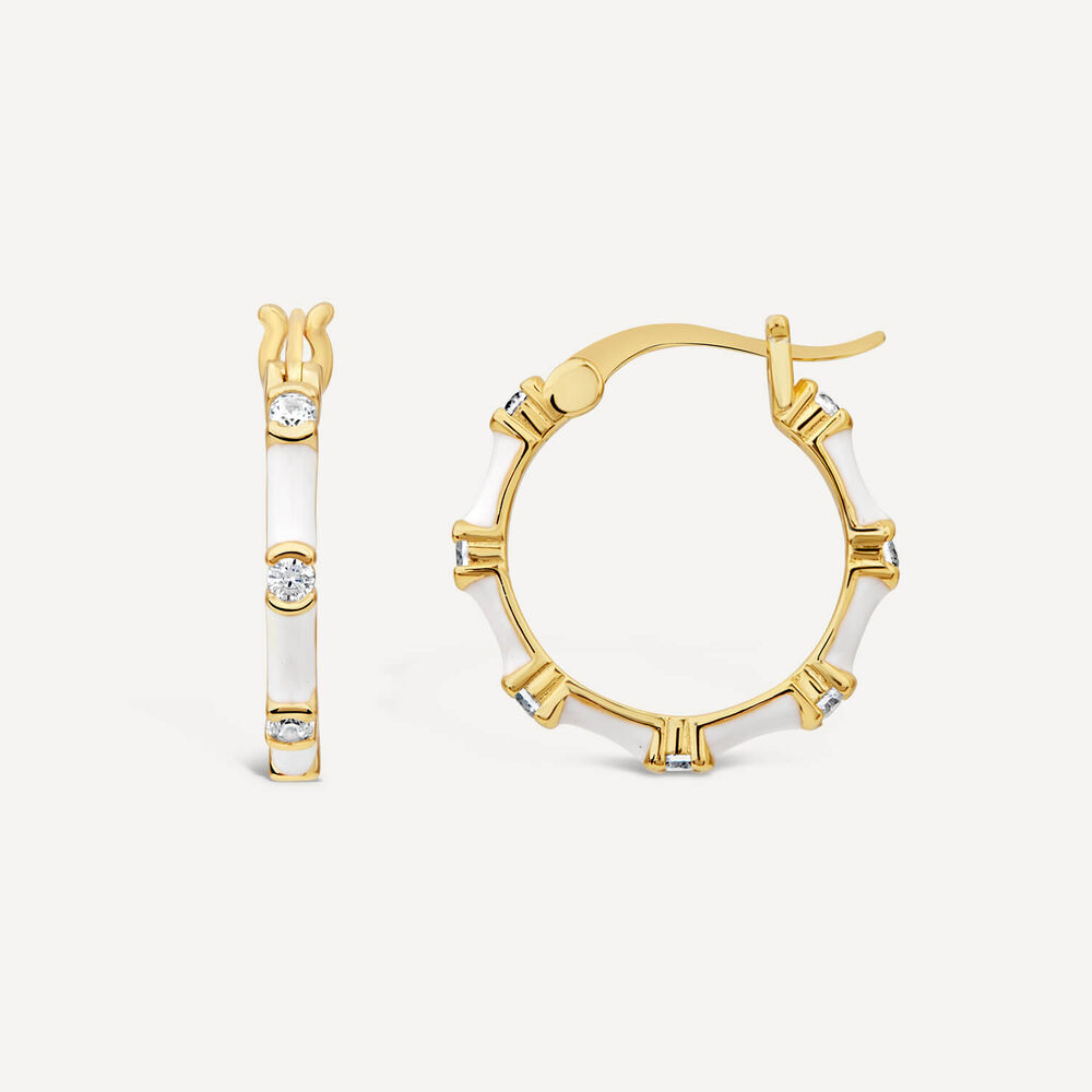 Silver & Yellow Gold Plated White Enamel & Cubic Zirconia Hoop Earrings image number 2