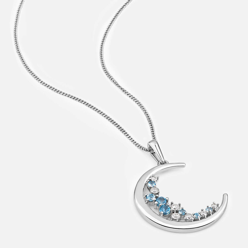 9ct White Gold Blue Topaz & Diamond Set Half Moon Pendant