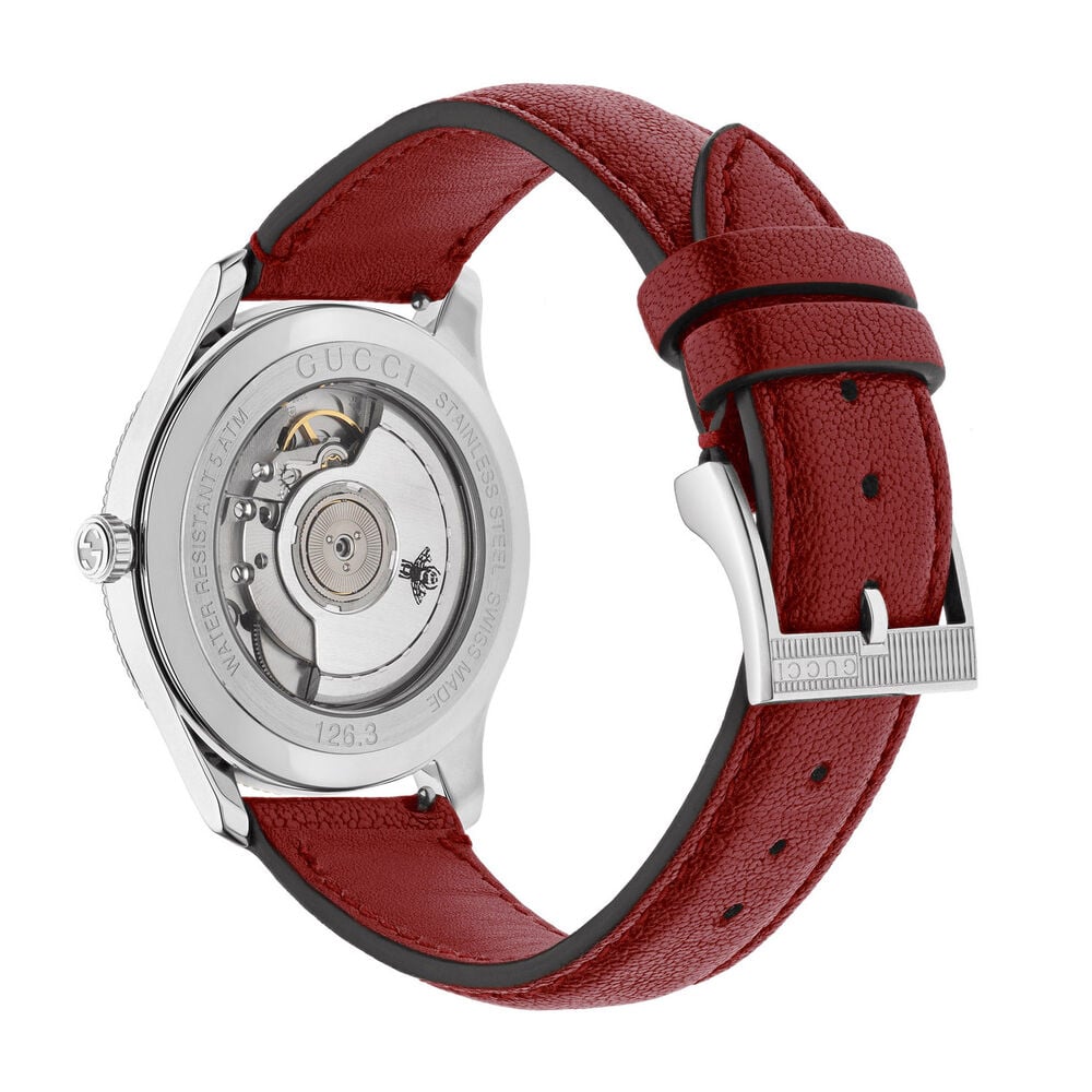 GUCCI G-TIMELESS AUTOMATIC SILVER GUILLOCHE DIAL RED STRAP