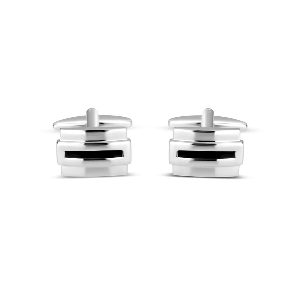 Gents Silver-Plated Rectangular Black Stripe Cufflinks image number 0