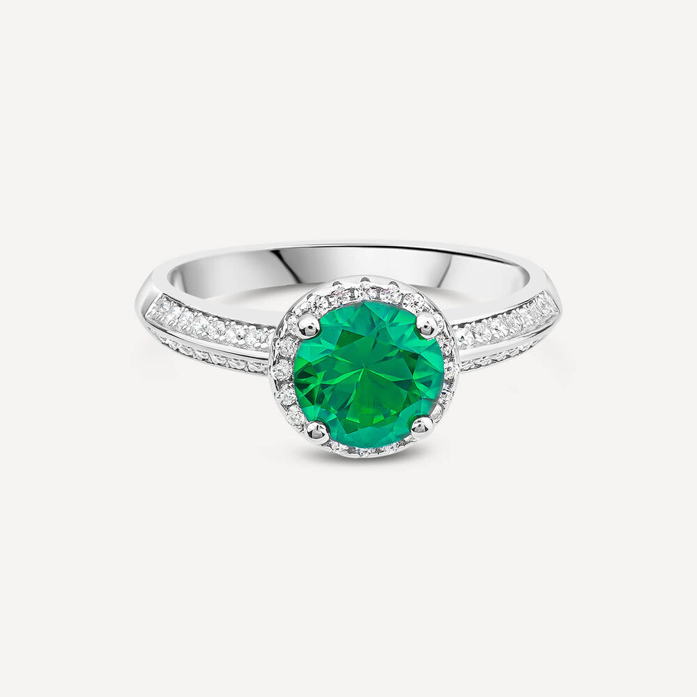 Sterling Silver Green Centre Stone & Cubic Zirconia Shoulders Ring image number 2