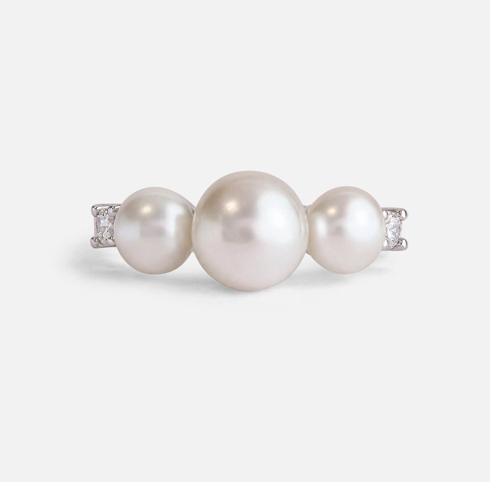 Sterling Silver 3 Freshwater Pearls Cubic Zirconia Sides Ring