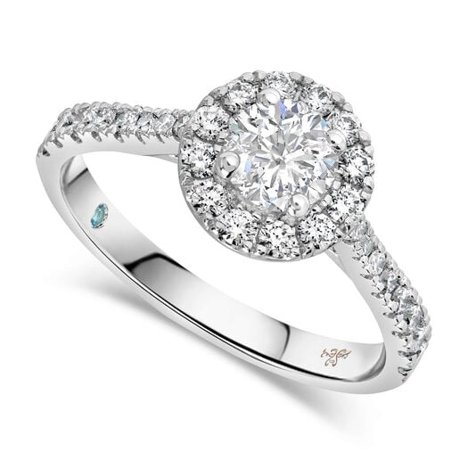 Kathy De Stafford 18ct White Gold ''Blossom'' Round Halo Diamond Shoulders 0.90ct Ring