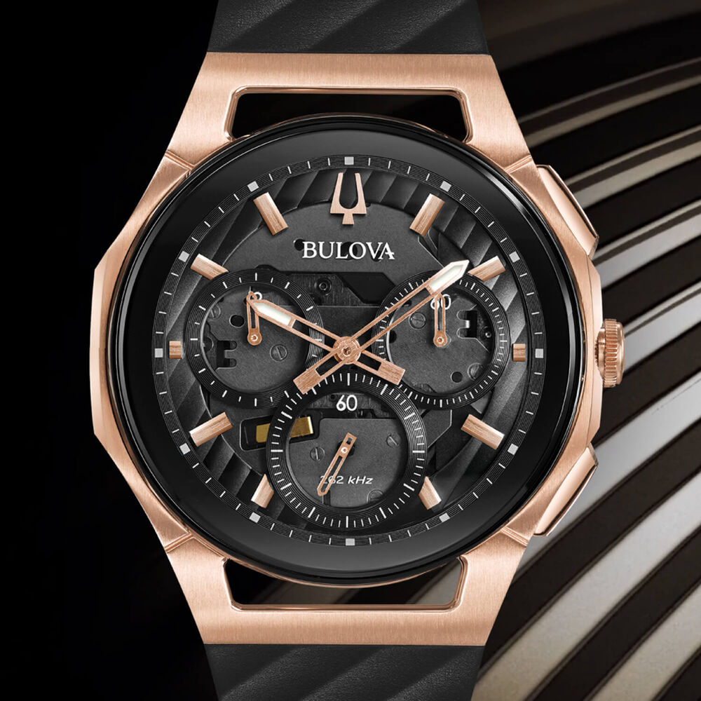 Bulova CURV 44mm Black Dial Rose Gold Tone Steel Case Rubber Strap Watch image number 4