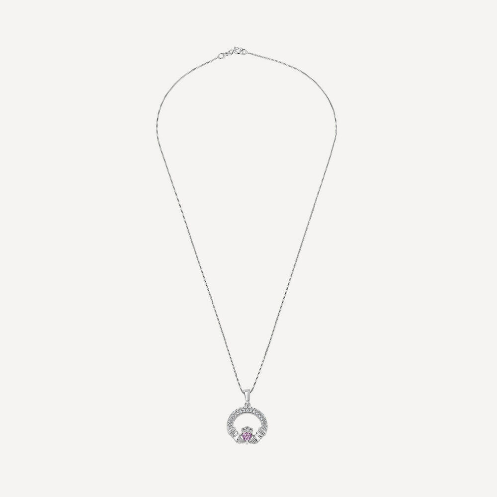 Sterling Silver February Birthstone Pave Cubic Zirconia Claddagh Pendant image number 2
