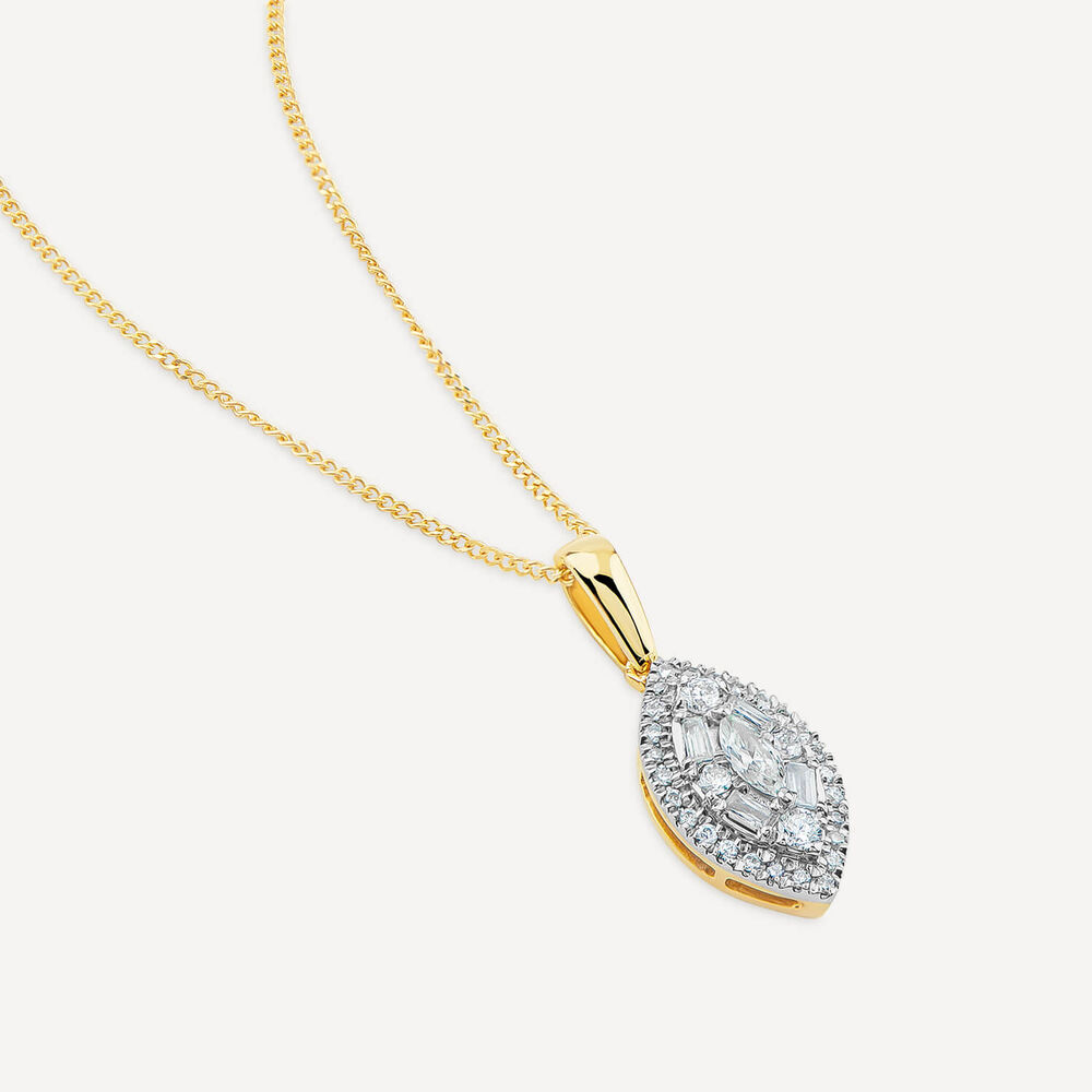 9ct Yellow Gold Marquis Shape Cluster 0.25ct Baguette Diamond Pendant image number 3