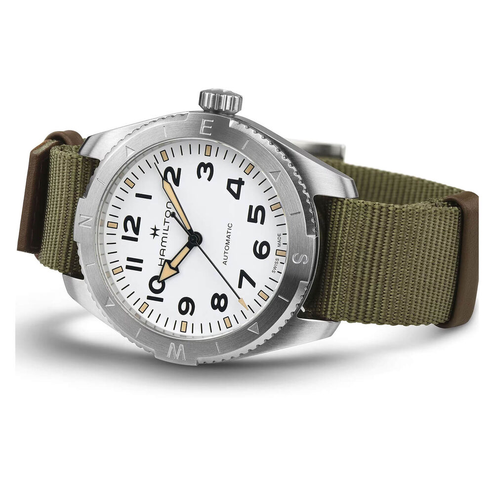 Hamilton Khaki Field Expedition Auto 41mm White Dial Steel Case Green Strap Watch image number 1