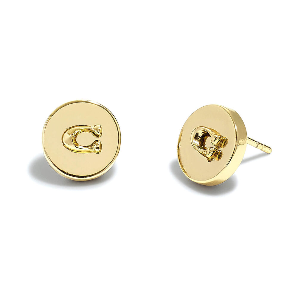 Coach Signature C Gold Tone Brass Disc Stud Earrings