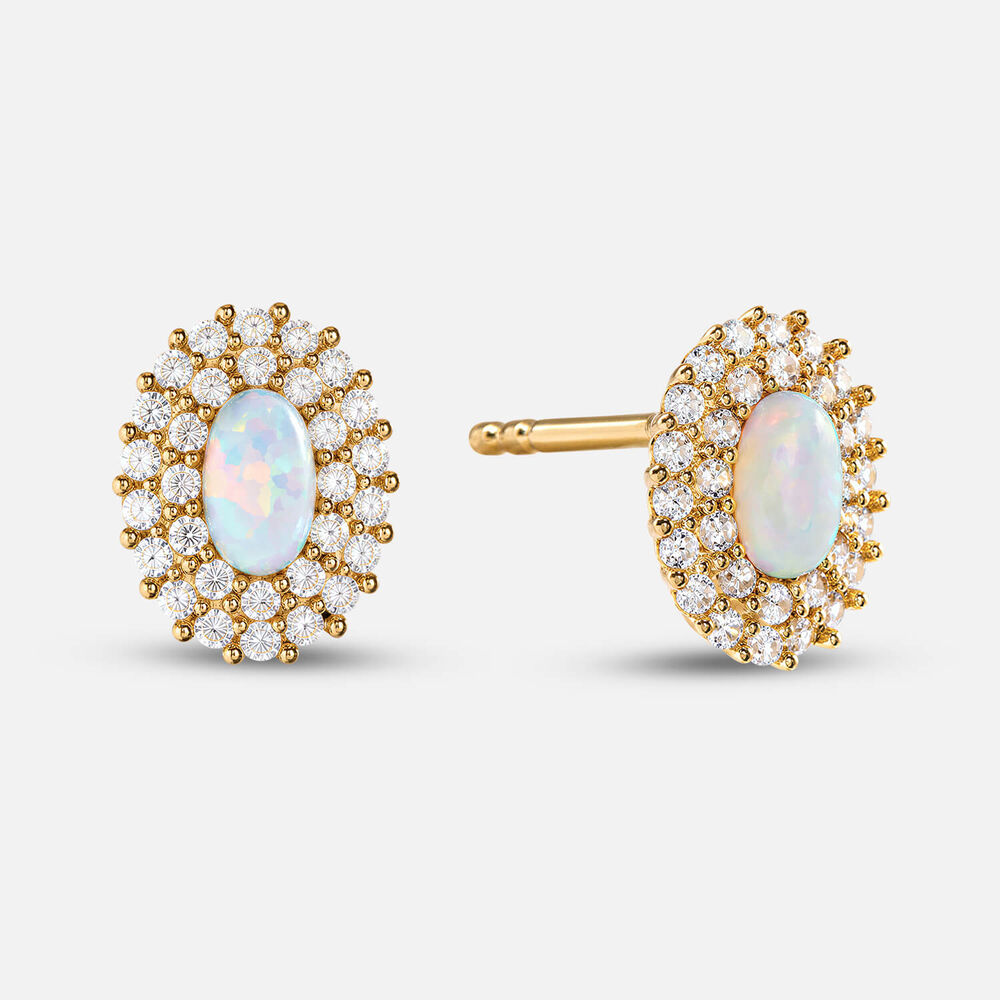 9ct Yellow Gold Opal Cubic Zirconia Halo Stud Earrings