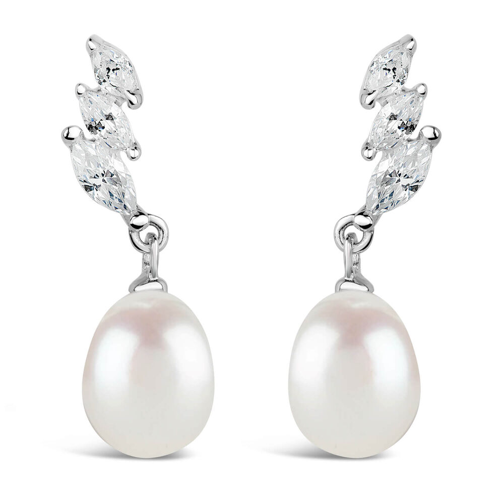 Sterling Silver Three Marquise Cubic Zirconia 3 With forwarding Pearl Drop Earrings image number 0