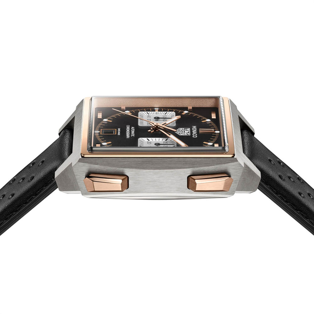 TAG Heuer Monaco Chronograph 39mm Titanium & 18K 5N Rose Gold Case Black Leather Strap Watch