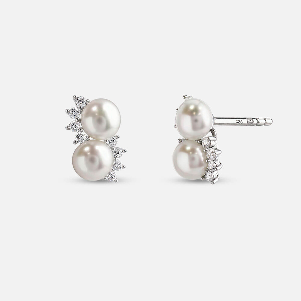 Sterling Silver Double Freshwater Pearl & Cubic Zirconia Twist Stud Earrings
