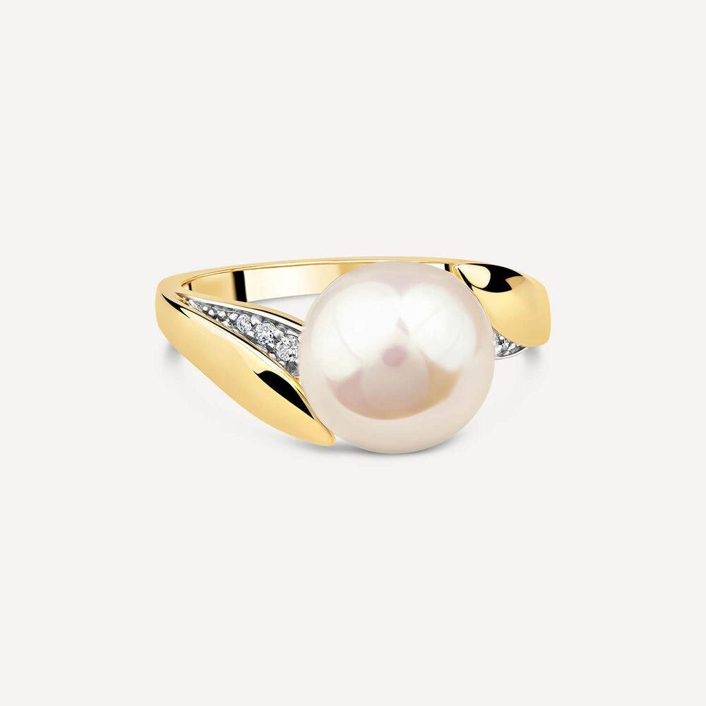 9ct Yellow Gold Freshwater Pearl 0.04ct Diamond Set Twist Shoulders Ring image number 2