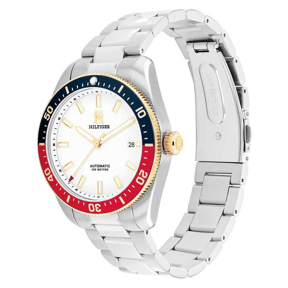 Tommy Hilfiger 40mm White Dial Red & Blue Bezel Steel Bracelet Watch