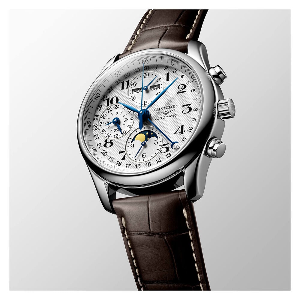 Longines Master Collection 40mm Automatic Chronograph Silver Dial Leather Strap Watch image number 5