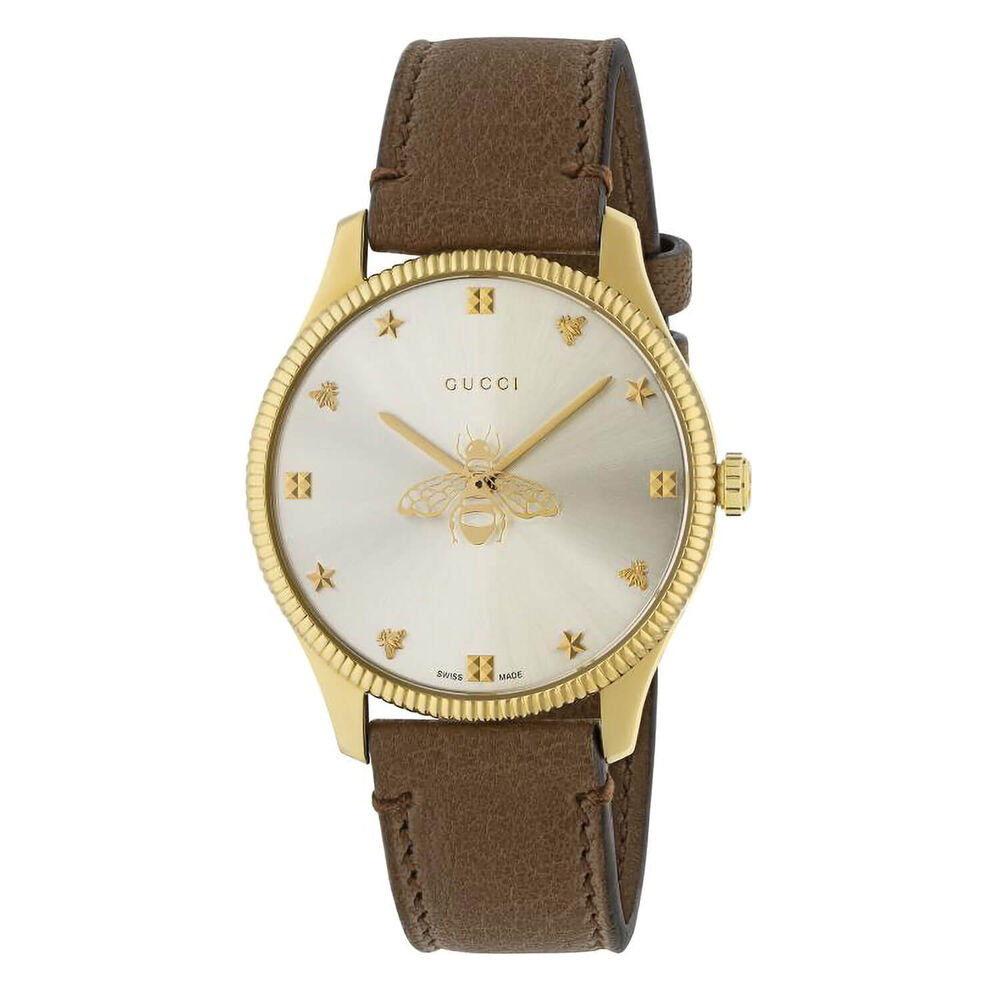 Pre-Owned Gucci G-Timeless 36mm Silver Dial Brown Leather Strap Watch