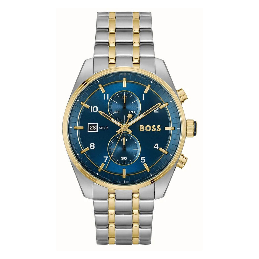 BOSS Skytraveller Chronograph 44mm Blue Dial Gold Tone Bezel & Bracelet Watch