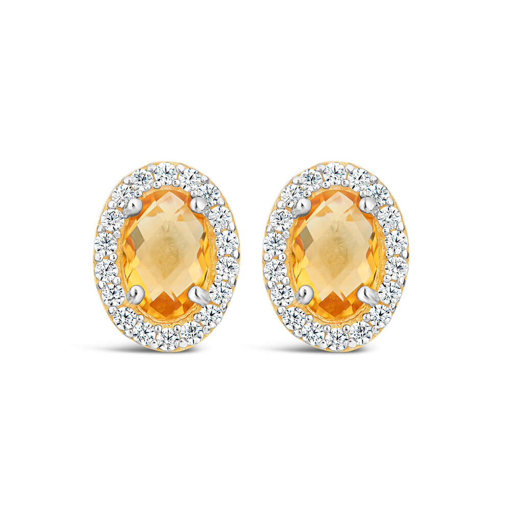 9ct Yellow Gold Oval Citrine & Cubic Zirconia Stud Earrings image number 0