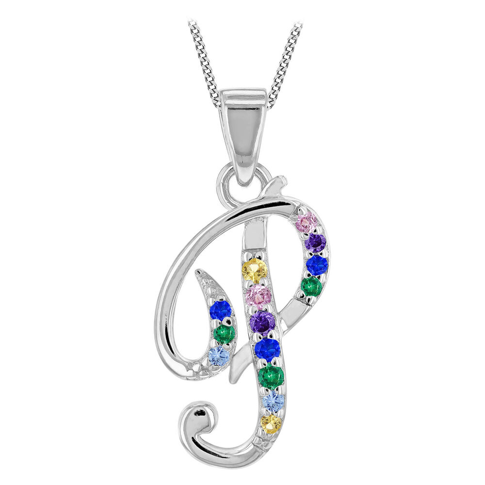 Sterling Silver Coloured Stone Set Initial "P" Pendant - Chain Included image number 0