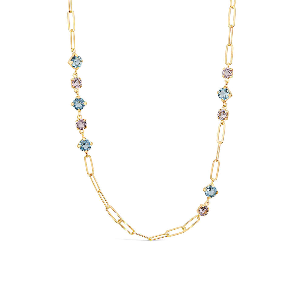 Silver & Yellow Gold Plated Coloured Stones Stationed Paperlink Necklet image number 0
