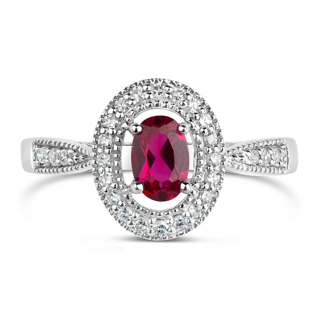 9ct White Gold 0.17ct Diamond and Created Ruby Pave Halo Ring