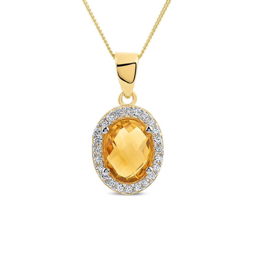 9ct Yellow Gold Oval Citrine & Cubic Zirconia Pendant (Chain Included)
