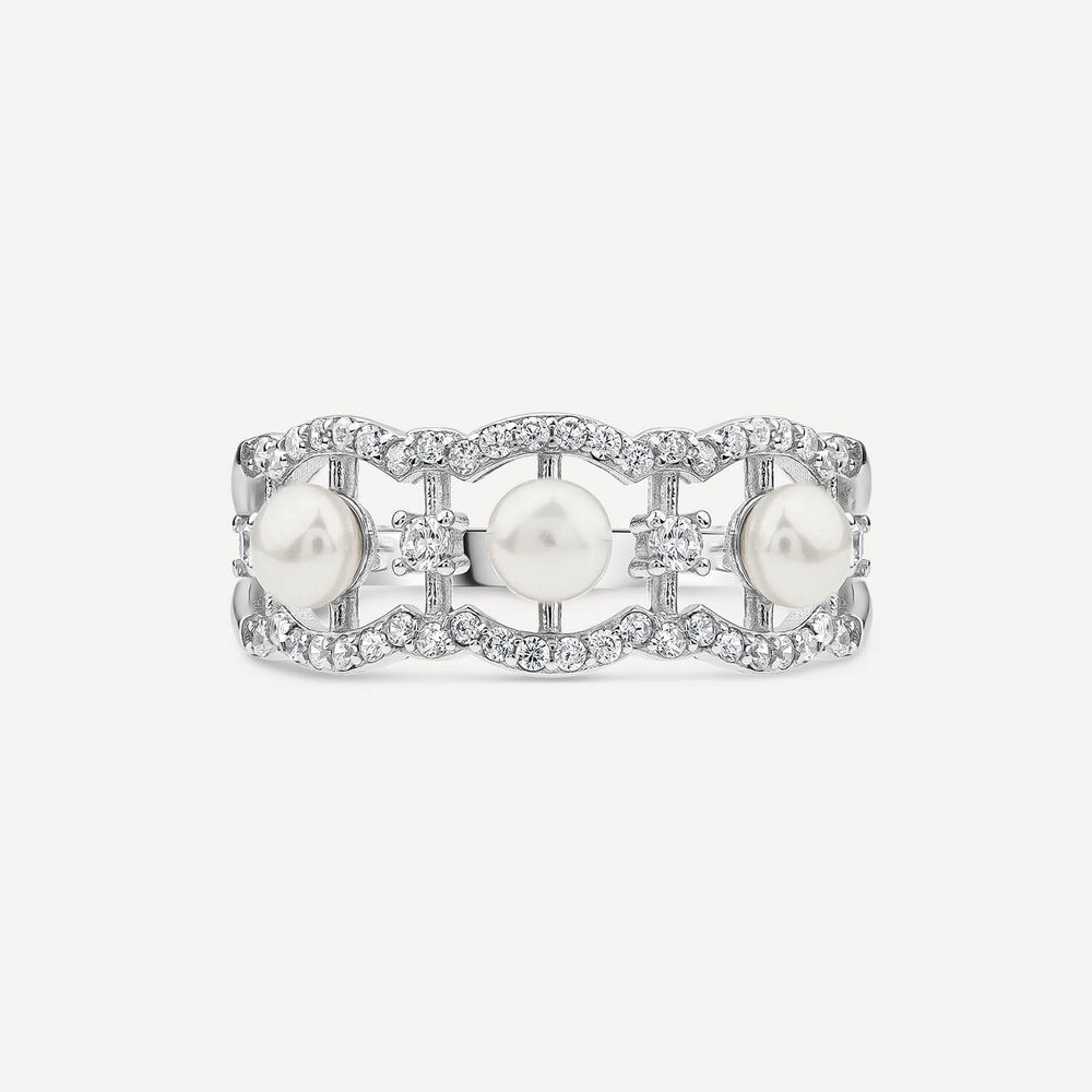 Sterling Silver 4.5-5mm Pearl & Cubic Zirconia Wave Ring image number 1