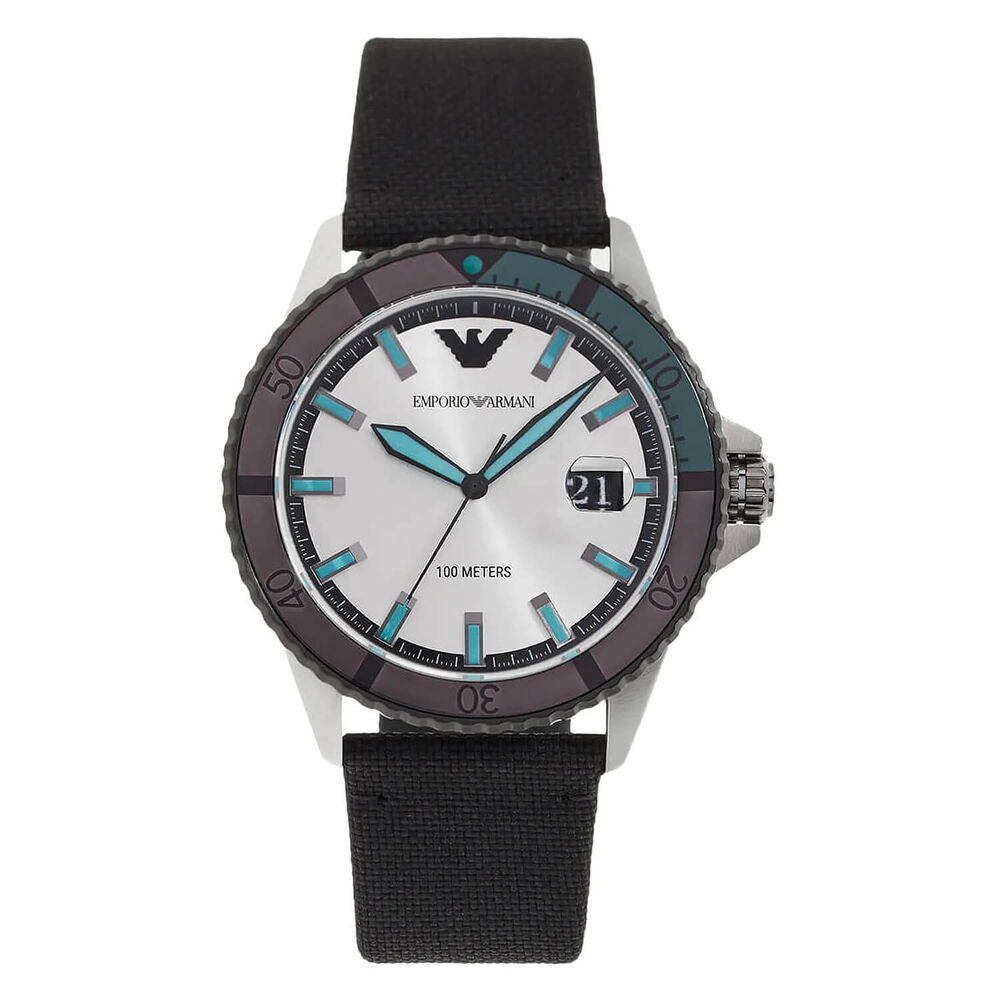 Armani Diver 42mm Silver Dial Black Rubber Strap Watch