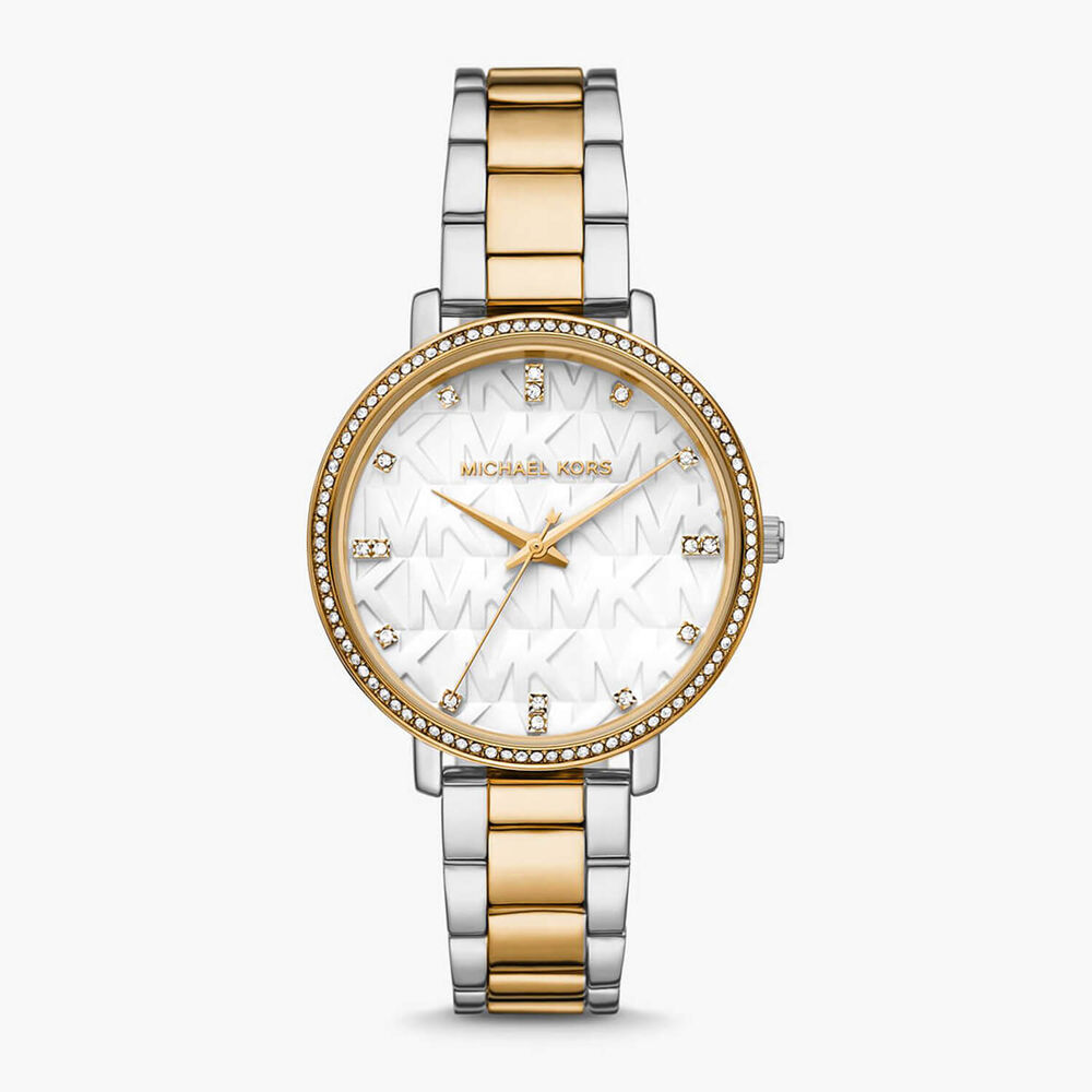 Michael Kors Pyper 39mm White MK Dial Cubic Zirconia Set Bezel Yellow Gold IP Steel Case Bracelet Watch