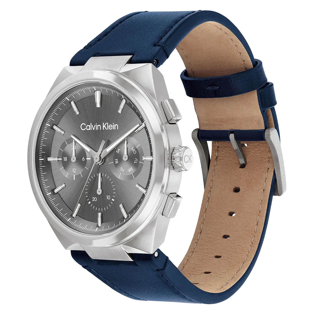 Calvin Klein 44mm Grey Dial Blue Leather Strap Watch