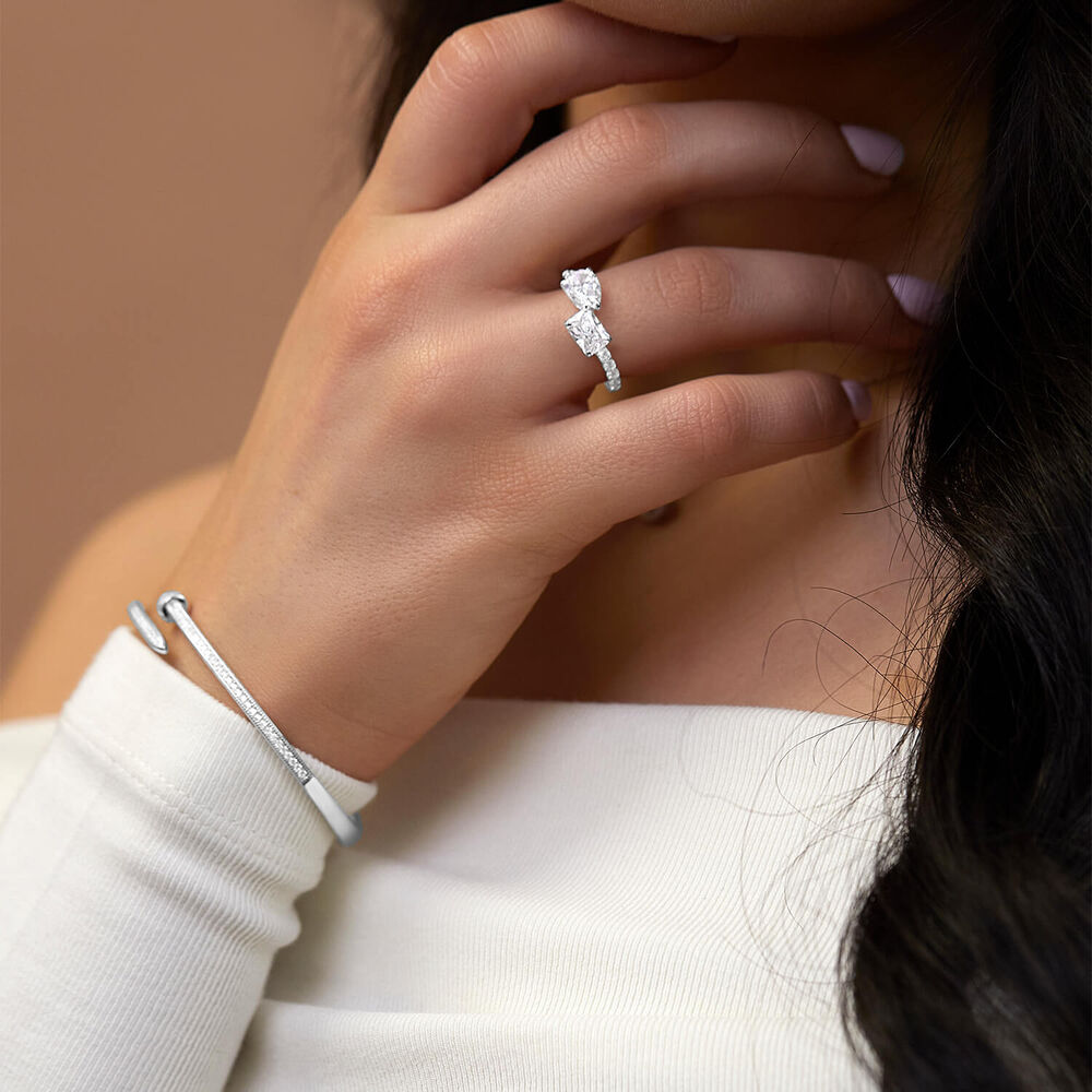 Sterling Silver Pear & Emerald Cut Cubic Zirconia Toi Et Moi Shoulders Ring image number 5
