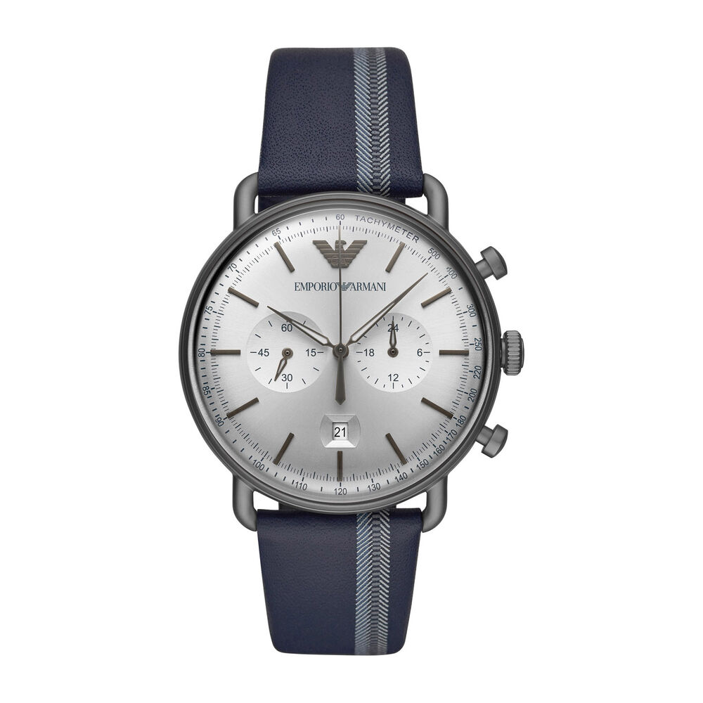 Emporio Armani Silver Dial Striped Leather 43mm Men's Watch