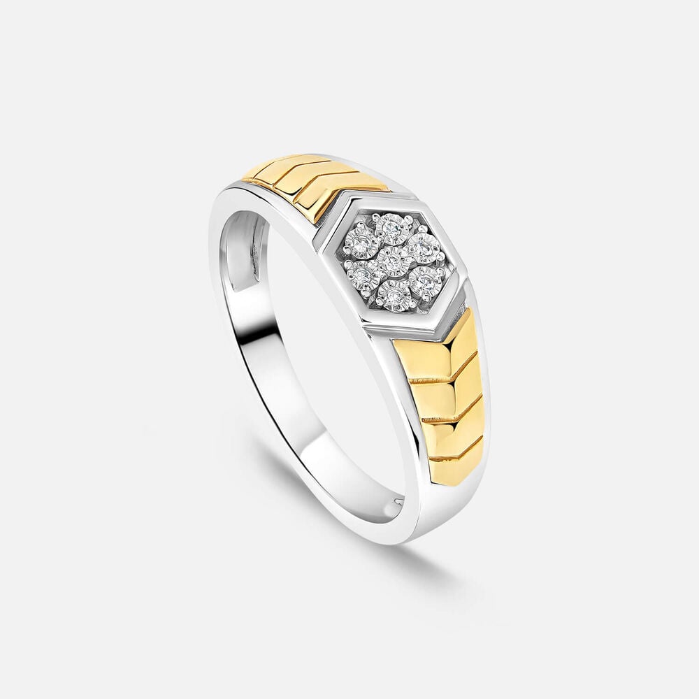 Sterling Silver & 9ct Yellow Gold 0.04ct Diamond Set Hex Centre Ring