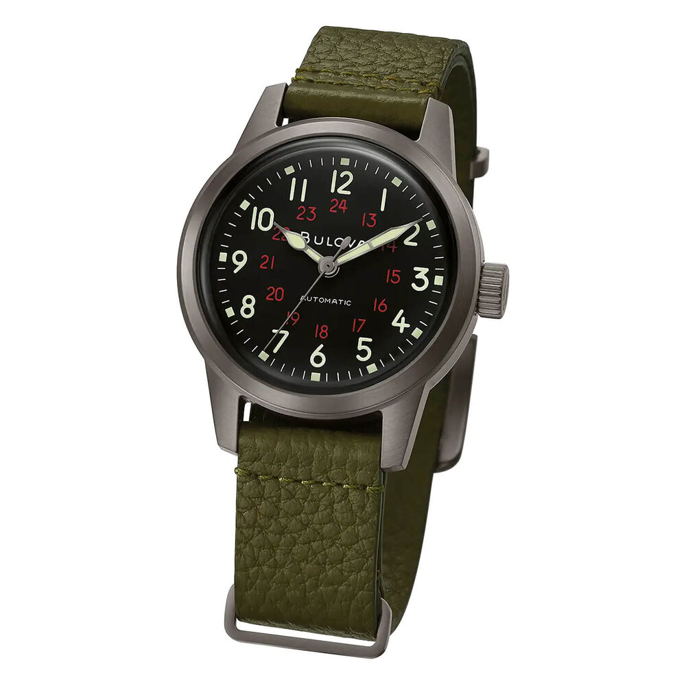 Bulova Hack 38mm Black Dial Green NATO Leather Strap Watch