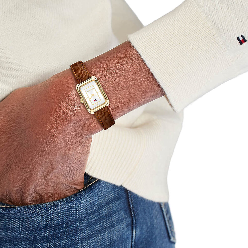 Tommy Hilfiger 28.8x20.5 White Dial Brown Leather Strap Watch