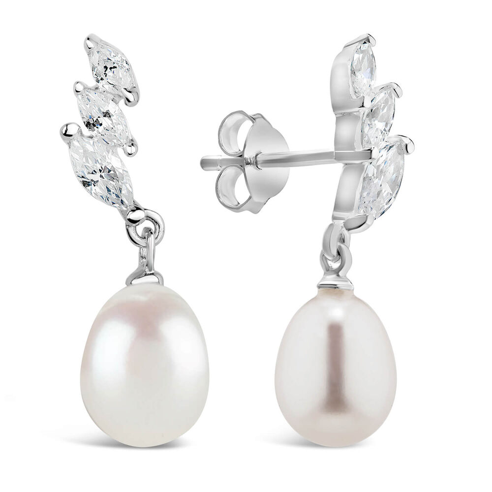 Sterling Silver Three Marquise Cubic Zirconia 3 With forwarding Pearl Drop Earrings image number 4