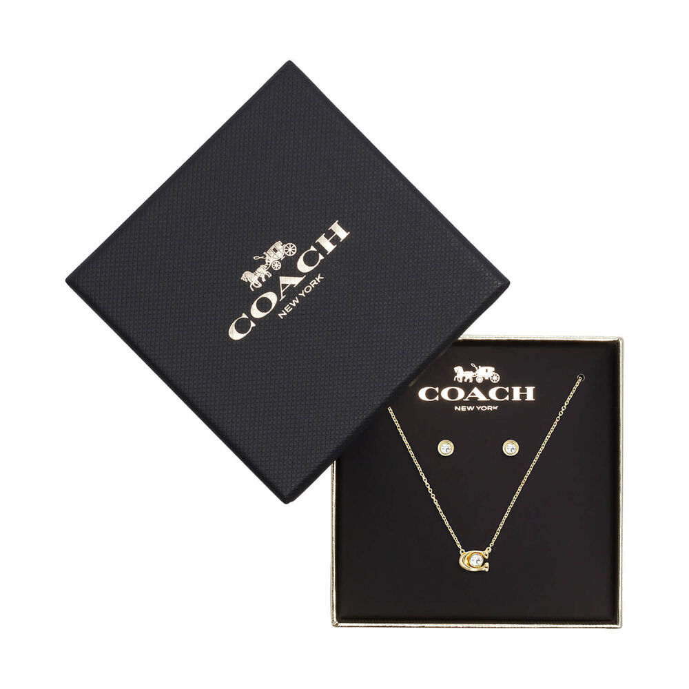 Coach Signature Gold Tone Brass Crystal Necklace & Earrings Set