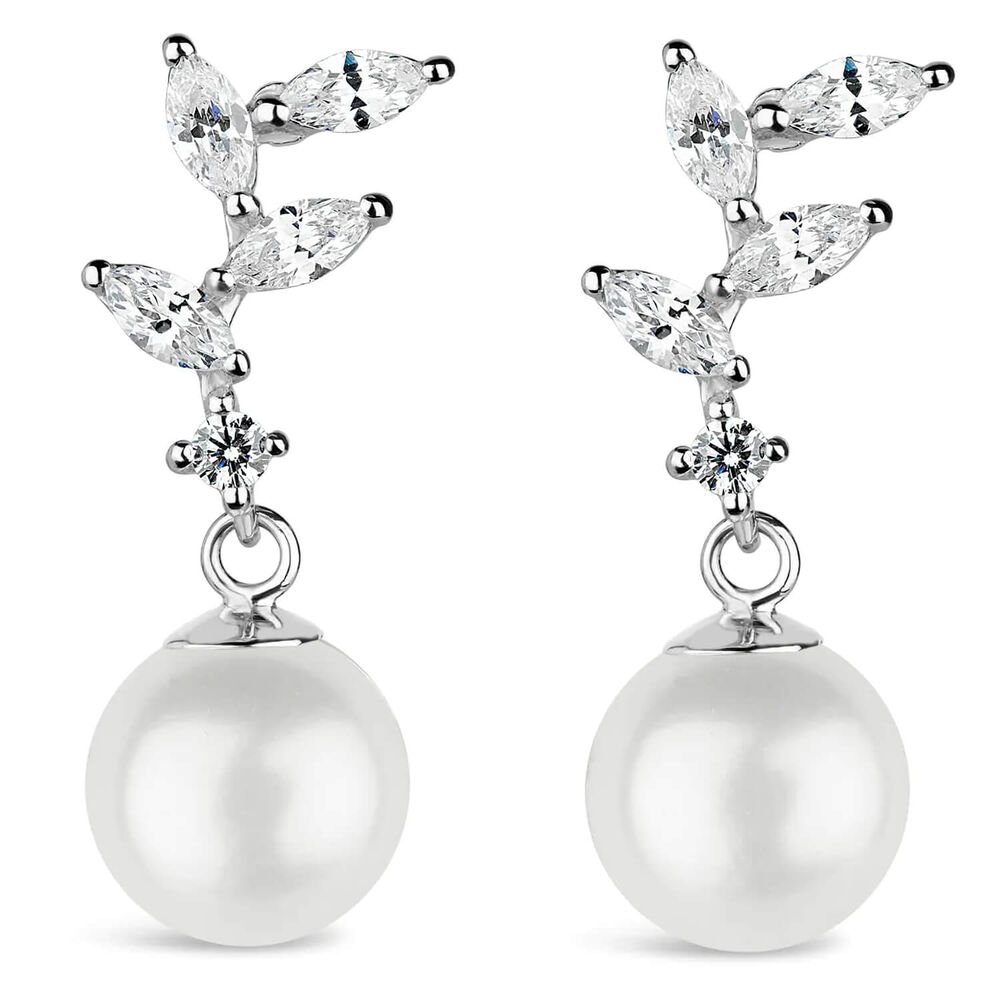 Sterling Silver Marquise Cubic Zirconia Pearl Drop Earrings