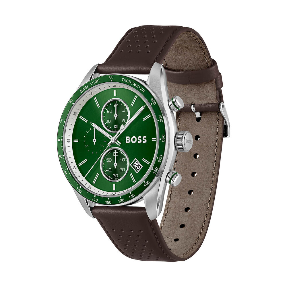 BOSS Grand Prix Vitesse 44mm Green Dial Dark Brown Leather Strap Watch