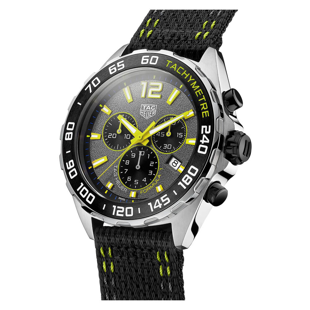 TAG Heuer Formula 1 Quartz 43mm Grey Yellow Detail Dial Chronograph Steel Case Black Nylon Strap Watch