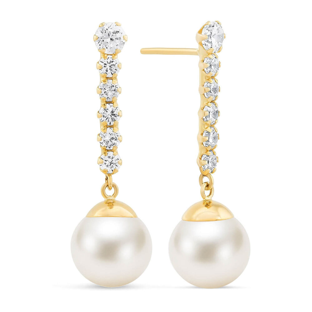 Ladies 9ct Gold Pearl Drop Earrings with Cubic Zirconia
