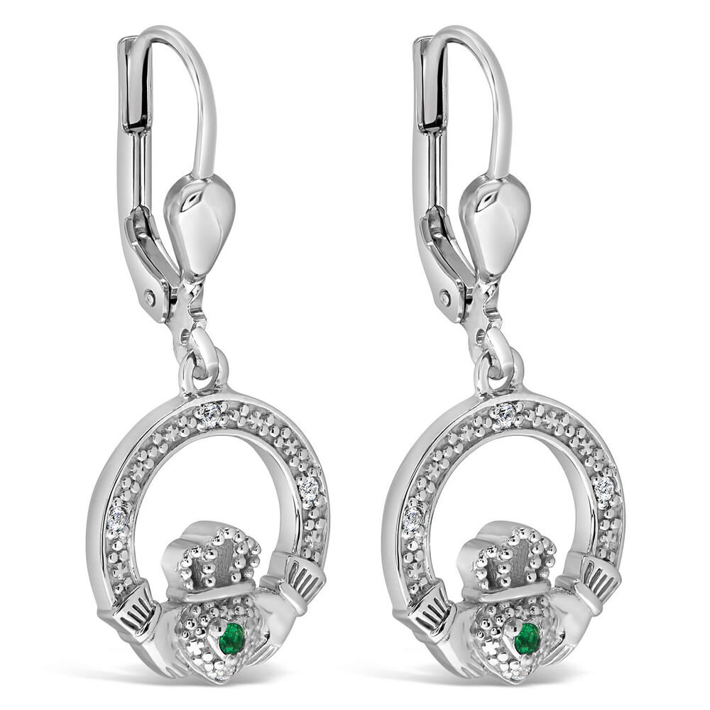 Sterling Silver Crystal Green Stone Claddagh Drop Earrings