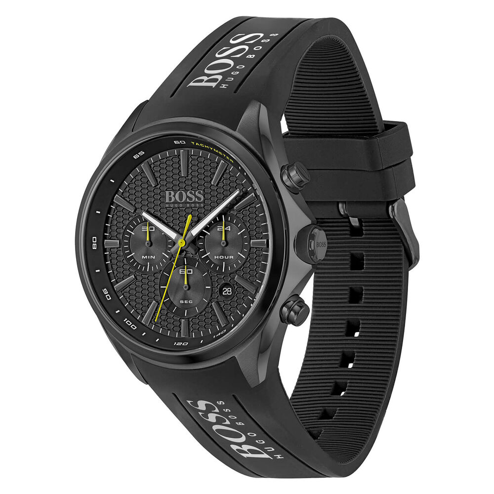 BOSS Distinct 46mm Black Dial Chronograph BOSS Logo Rubber Black Strap Watch