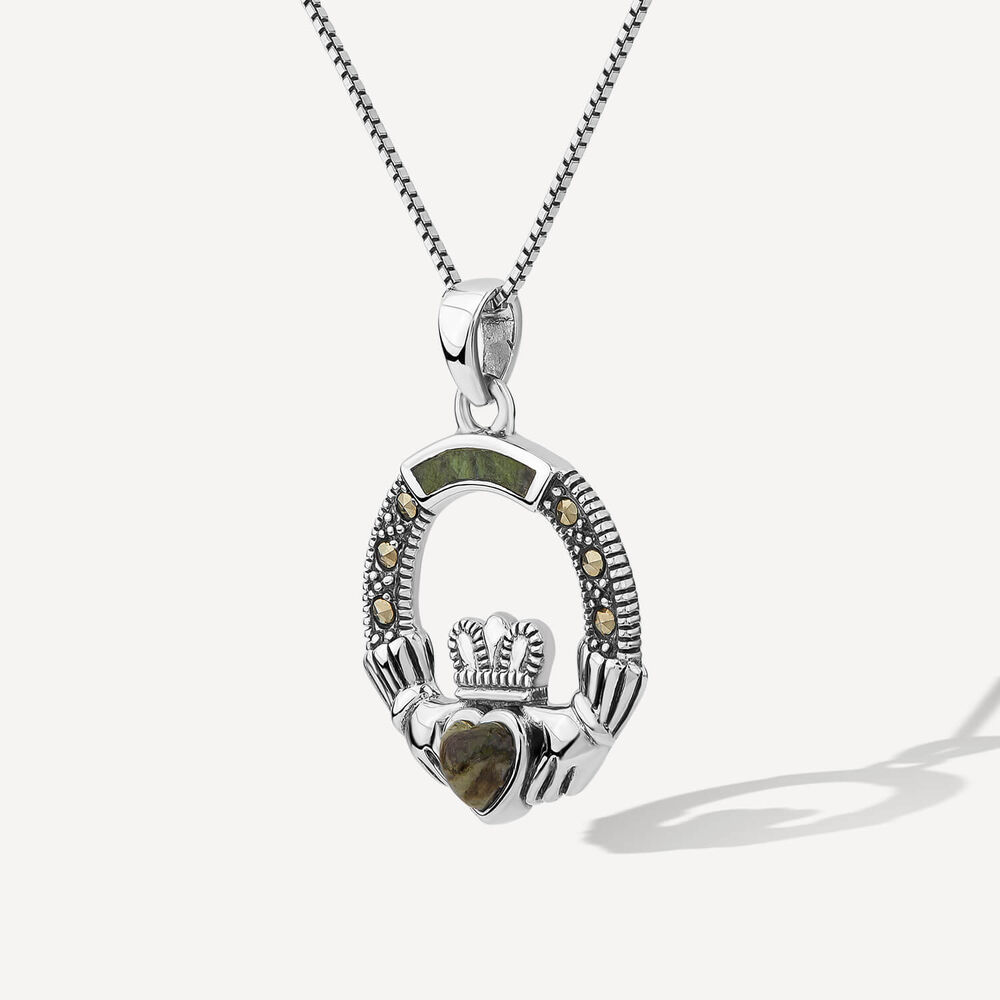 Sterling Silver Marcasite & Marble Claddagh Pendant