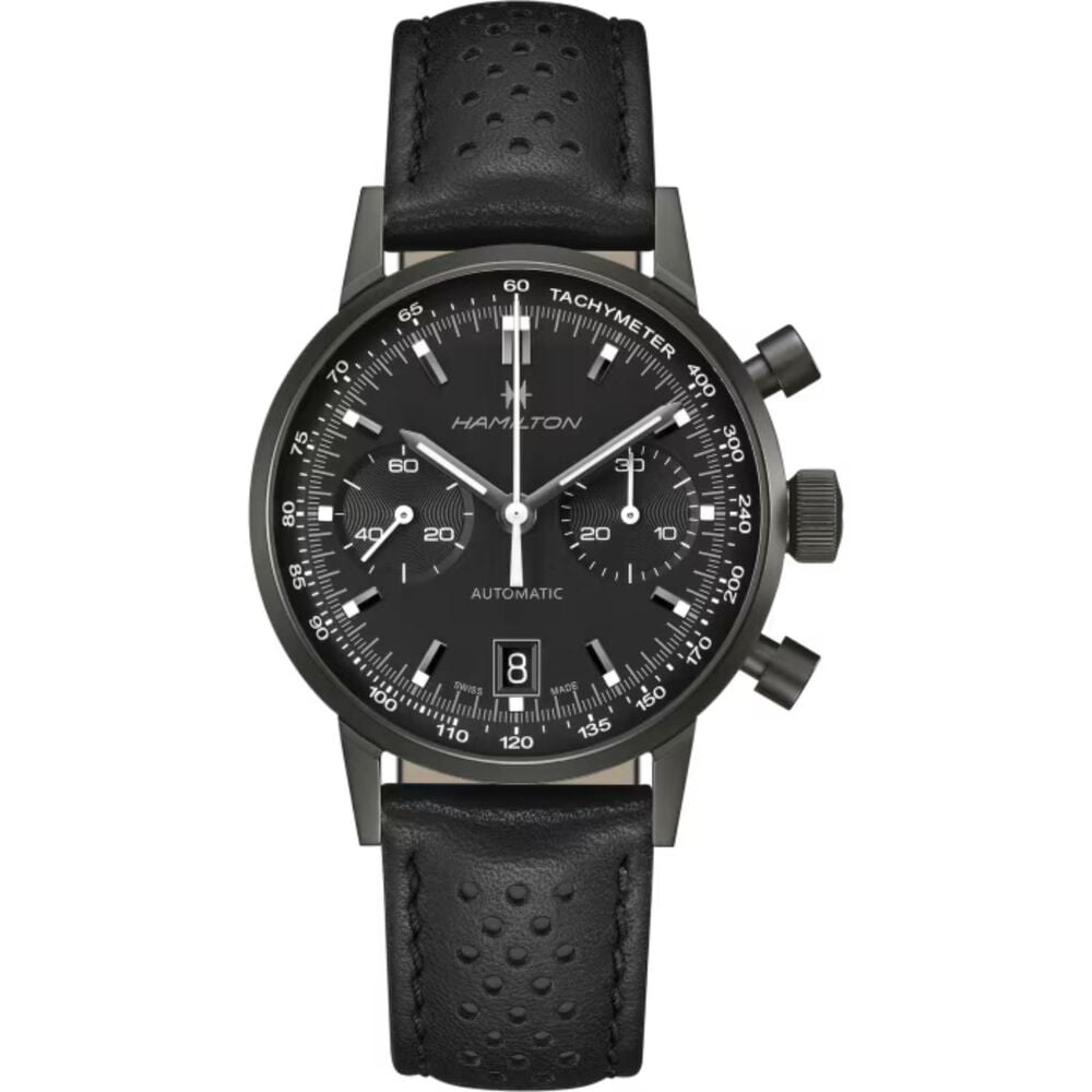 Hamilton American Classic 40mm Black Dial Black Leather Strap Chronograph Watch